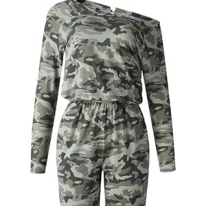Pink Lily Women's Camo Jumpsuit Fall Activewear Green One-piece off the shoulder
